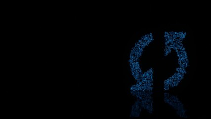 3d rendering mechanical parts in shape of symbol of double refresh arrow isolated on black background with floor reflection