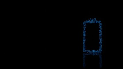 3d rendering mechanical parts in shape of vertical symbol of empty battery isolated on black background with floor reflection