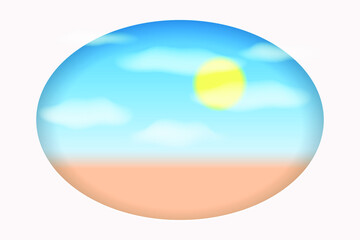 Summer background with sea beach. White clouds, blue sky and sun in the paper cut out style
