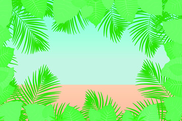 Fototapeta na wymiar Tropical background with palm tree leaves and jungle plants. Jungle forest. Leaves of the tropical trees and plants as frame