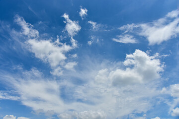 Beautiful cumulus clouds against the blue daytime sky.