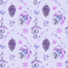 Christmas pattern in lilac vintage style. Elegant bells, pinecones, candies and sweet garlands. Seamless pattern with the watercolor hand drawn elements. For wrapping paper, giftware, notebook design.