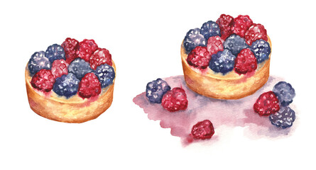 Berry desserts painted in watercolor, with and without background isolated on white. Delicious blackberry and raspberry tartlets for greeting cards, stickers, mugs, cafe design. 