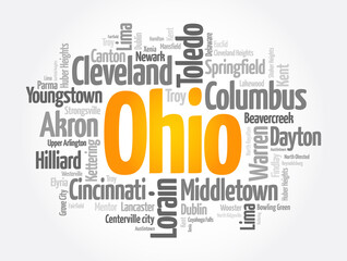 List of cities in Ohio USA state, word cloud concept background - obrazy, fototapety, plakaty