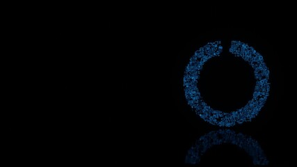 3d rendering mechanical parts in shape of symbol of circle notch isolated on black background with floor reflection
