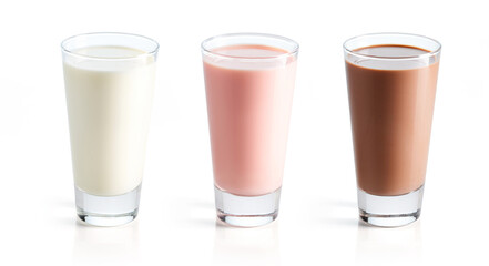 Milk, chocolate milk and strawberry milk isolated on white background