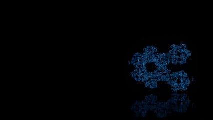 3d rendering mechanical parts in shape of symbol of cogwheels isolated on black background with floor reflection