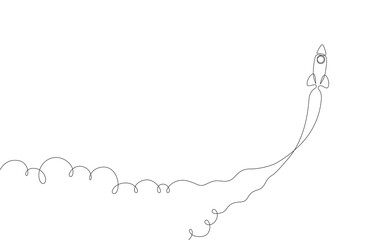 Continuous line drawing rocket launch, a minimal single line business startup concept, rocket flying up with trail left behind, a metaphor of quick development or cryptocurrency or stock market grows
