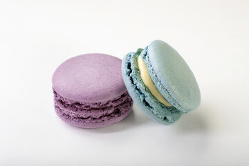 French macaroni. the most delicate cake is a cookie made of two smooth halves, fastened with stringy fillings.French pastry made from egg whites. French macaroni in different colors.