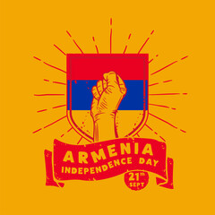Square Banner illustration of Armenia independence day celebration. Waving flag and hands clenched. Vector illustration.