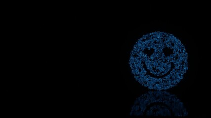 3d rendering mechanical parts in shape of symbol of emoticons in love isolated on black background with floor reflection