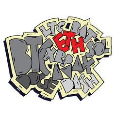 Cryptocurrencies drawn from cartoon letters