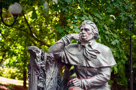 Minsk, Belarus. Sep 2021. Adam Mickiewicz monument, memorial in Minsk region situated in Ramanauskaja Slabada str. Famous poet monument in autumn season. Portrait photography