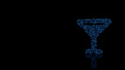 3d rendering mechanical parts in shape of symbol of glass martini isolated on black background with floor reflection