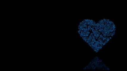 3d rendering mechanical parts in shape of symbol of heartbeat isolated on black background with floor reflection