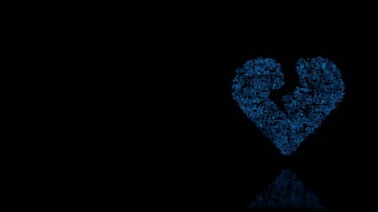 3d rendering mechanical parts in shape of symbol of heart broken isolated on black background with floor reflection