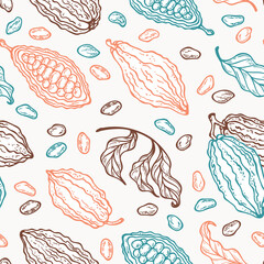 Cocoa Beans, Pods and Leaves Vector Seamless Pattern. Cacao Fruits Floral Background