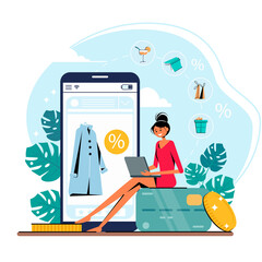 Online shopping concept with woman holding a laptop. Coins, smartphone and credit card. Special offer, discount. Vector illustration template.