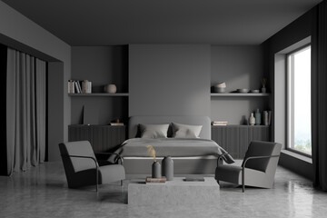 Naklejka na ściany i meble Modern dark grey bedroom with seating area