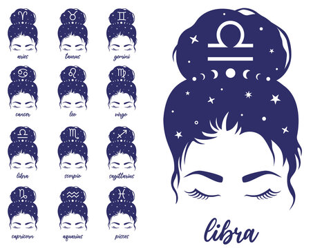 Astrological zodiac symbols with messy bun. Vector female faces with zodiac sign name. Set of woman print. Horoscope design.