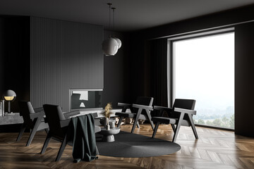 Naklejka premium Dark grey panoramic living room with four armchairs and parquet. Corner view,