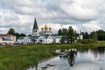 Russia, Valdai, August 2021. Lake and the Orthodox Iversky monastery.