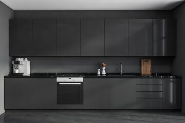 Modern grey kitchen cabinet. Frontal view. - obrazy, fototapety, plakaty