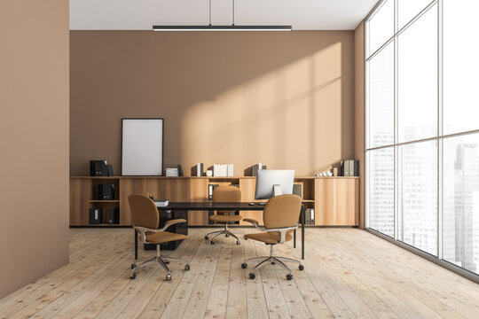 Panoramic beige manager office with standing canvas