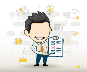 Happy businessman holding clipboard with completed checklist paper. The concept of successful businessman in cartoon style