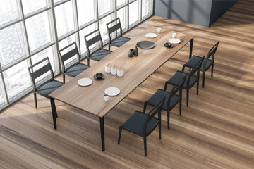 Modern panoramic blue dining room. Top view.