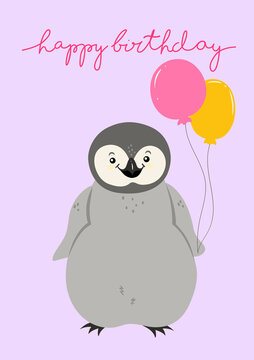 Happy birthday card with penguin. Vector graphics.