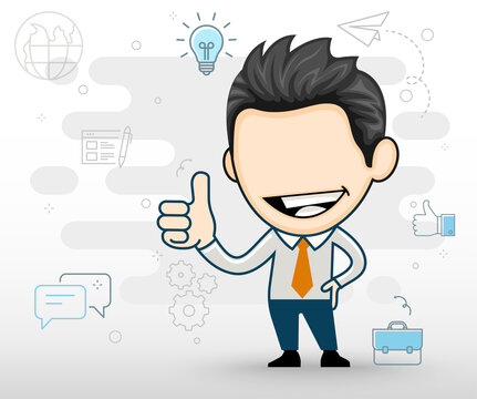 Young business man smiling happy and positive, thumb up with finger doing approval sign concept in cartoon style