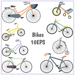 Set of eight vector flat bikes-road bike,city bike,kids three wheel,penny-farthing,BMX in pastel colors isolated on white background.Sport activity symbols.For stickers,prints,illustration,design