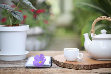 tea cup and teapot with oleander flower