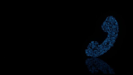 3d rendering mechanical parts in shape of symbol of phone isolated on black background with floor reflection