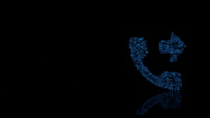 3d rendering mechanical parts in shape of symbol of phone isolated on black background with floor reflection