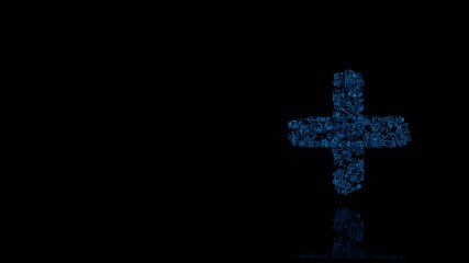 Obraz premium 3d rendering mechanical parts in shape of symbol of plus isolated on black background with floor reflection