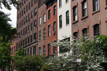 Row of Colorful Old Brick Residential Buildings in Greenwich Village with Green Trees in New York City