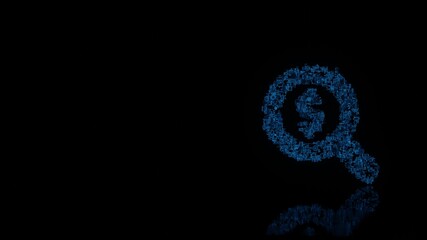 3d rendering mechanical parts in shape of symbol of search dollar isolated on black background with floor reflection