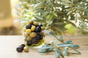 Black and green olives in a transparent bowl with a metal fork on a wooden table with olive tree background