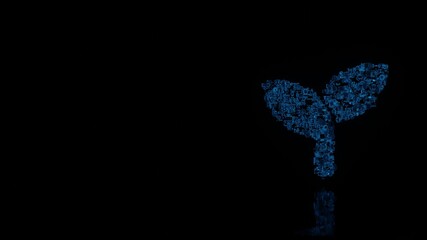 3d rendering mechanical parts in shape of symbol of seedling isolated on black background with floor reflection