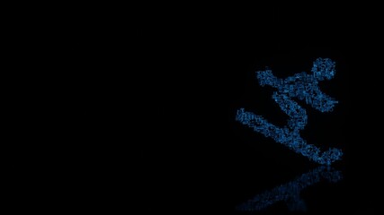 3d rendering mechanical parts in shape of symbol of skiing isolated on black background with floor reflection