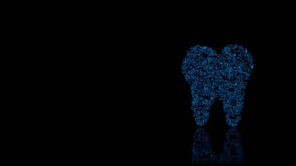 3d rendering mechanical parts in shape of symbol of tooth isolated on black background with floor reflection