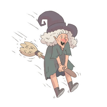The witch flies on a broomstick. The cheerful witch hurries to the coven