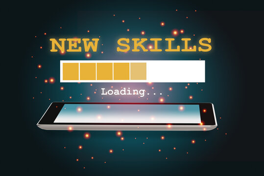 New Skills Loading On Smartphone On Abstract Background. New Skill Concept And Technology Transformation Learning Model Idea