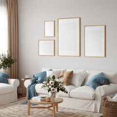 Friendly interior style. living room. Frame mockup. Poster mockup. 3d rendering, 3d illustration