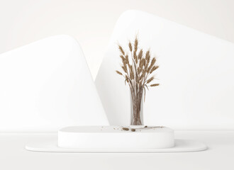 Minimalist white background with ear of wheat in vase. Empty soft podium, vacant pedestal, round stage, showcase stand, product display, blank board, expo platform . 3d rendering