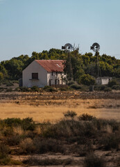 A portrait shot of a rustic house and windmill in Karoo desert during winter vegetation shot of...