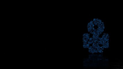 3d rendering mechanical parts in shape of symbol of copper isolated on black background with floor reflection