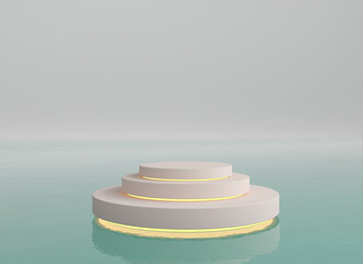 Empty  3d cylinder podium on water, with yellow led lights. Vacant pedestal, round stage, showcase stand, product display, blank board, expo platform with pastel colors. 3d rendering
